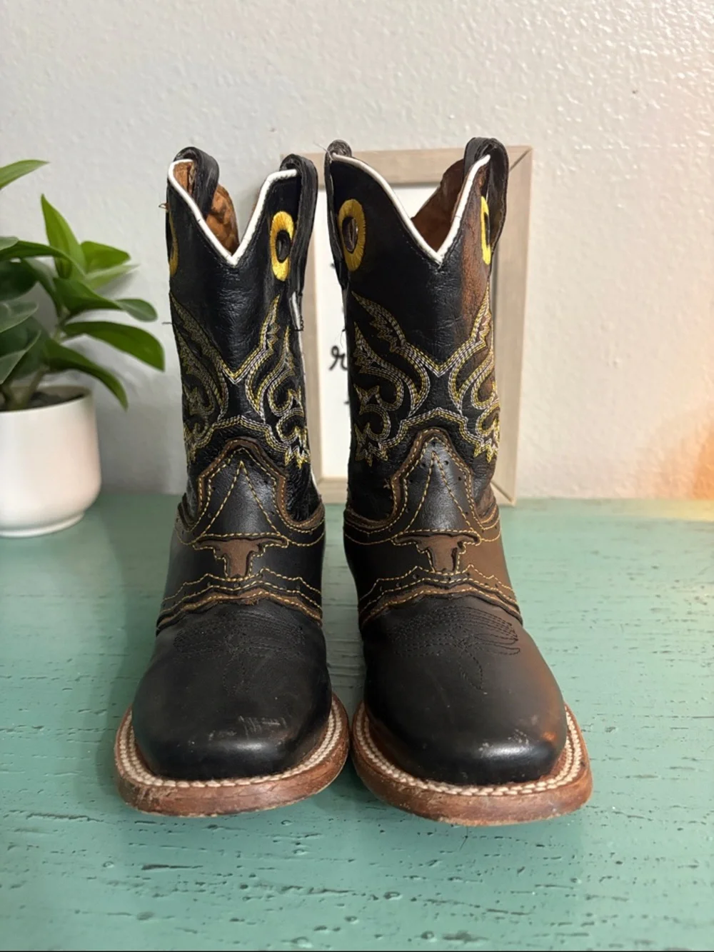 Kids Black & Yellow Western Pull-On Cowboy Boots